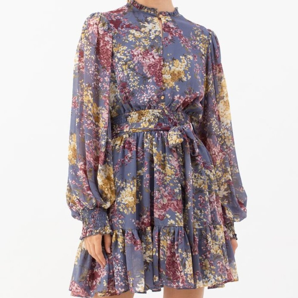 Chicwish Flying Petals Print Puff Sleeves Ruffle Dress in Lavender XS